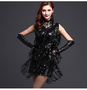 Royal blue black silver gold sequins women's ladies female fringes competition stage performance play latin salsa singer dance dresses outfits